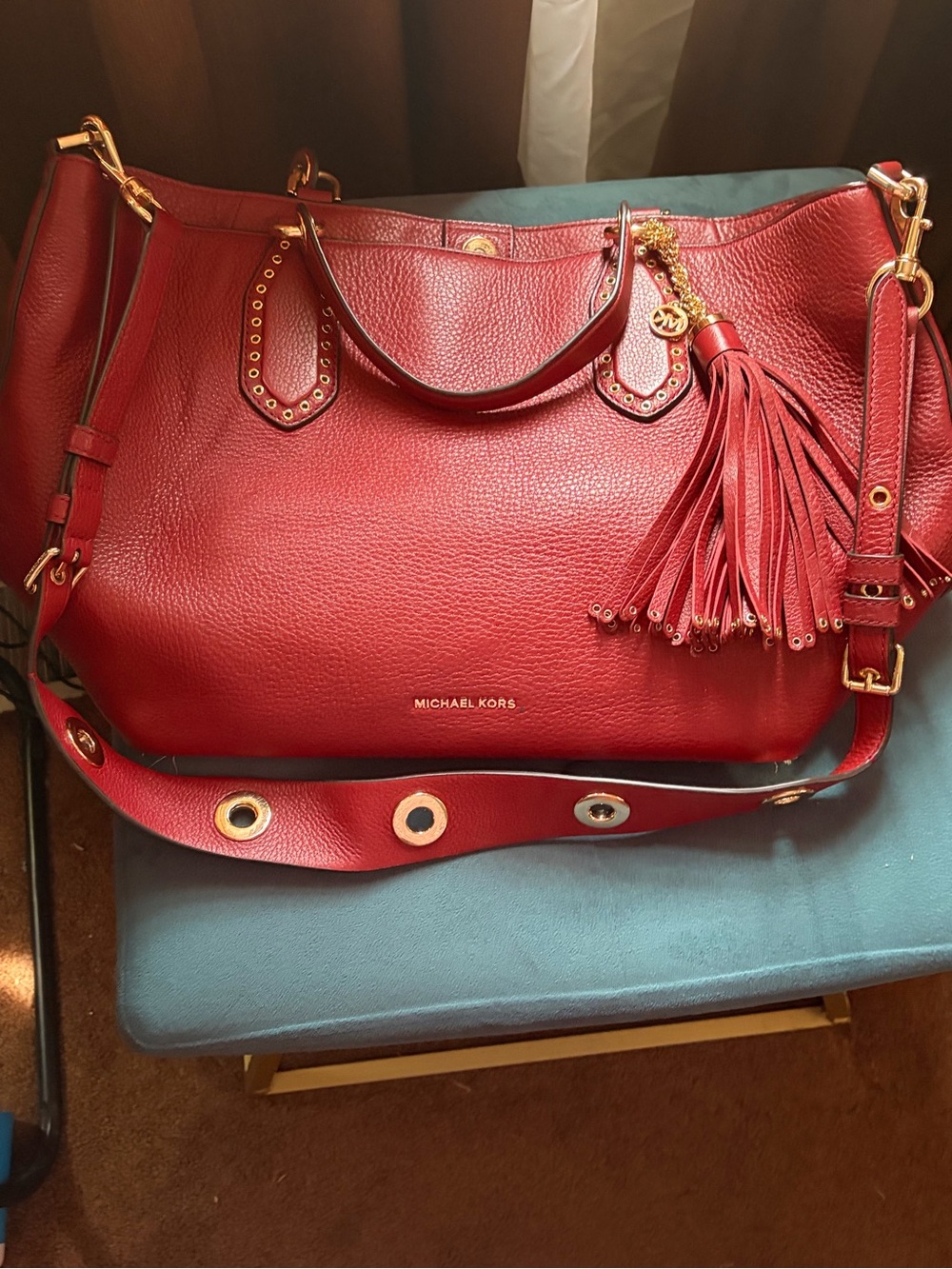 Michael Kors Red Leather Tote with Tassel Charm